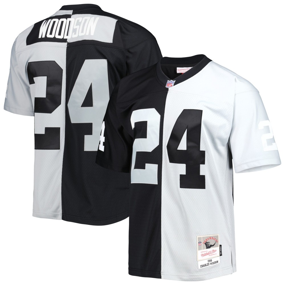 Men's Las Vegas Raiders Charles Woodson Number 24 Mitchell & Ness Black/Silver 1998 Split Legacy Replica Jersey